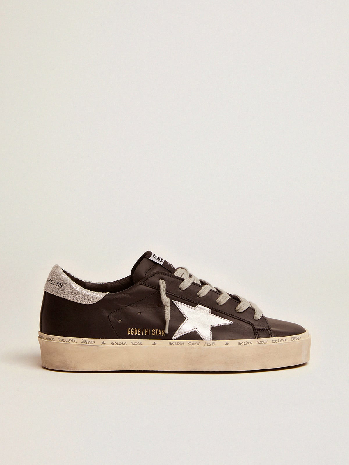 Women's Hi Star in black leather with silver laminated leather star| Golden Goose