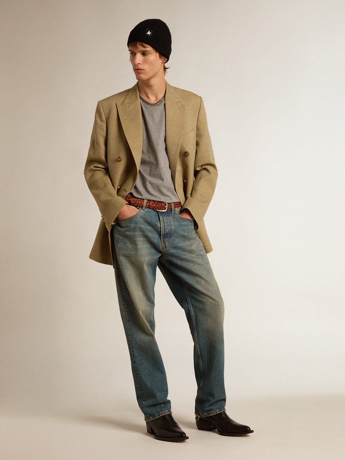 Men's pale beech-colored double-breasted blazer| Golden Goose