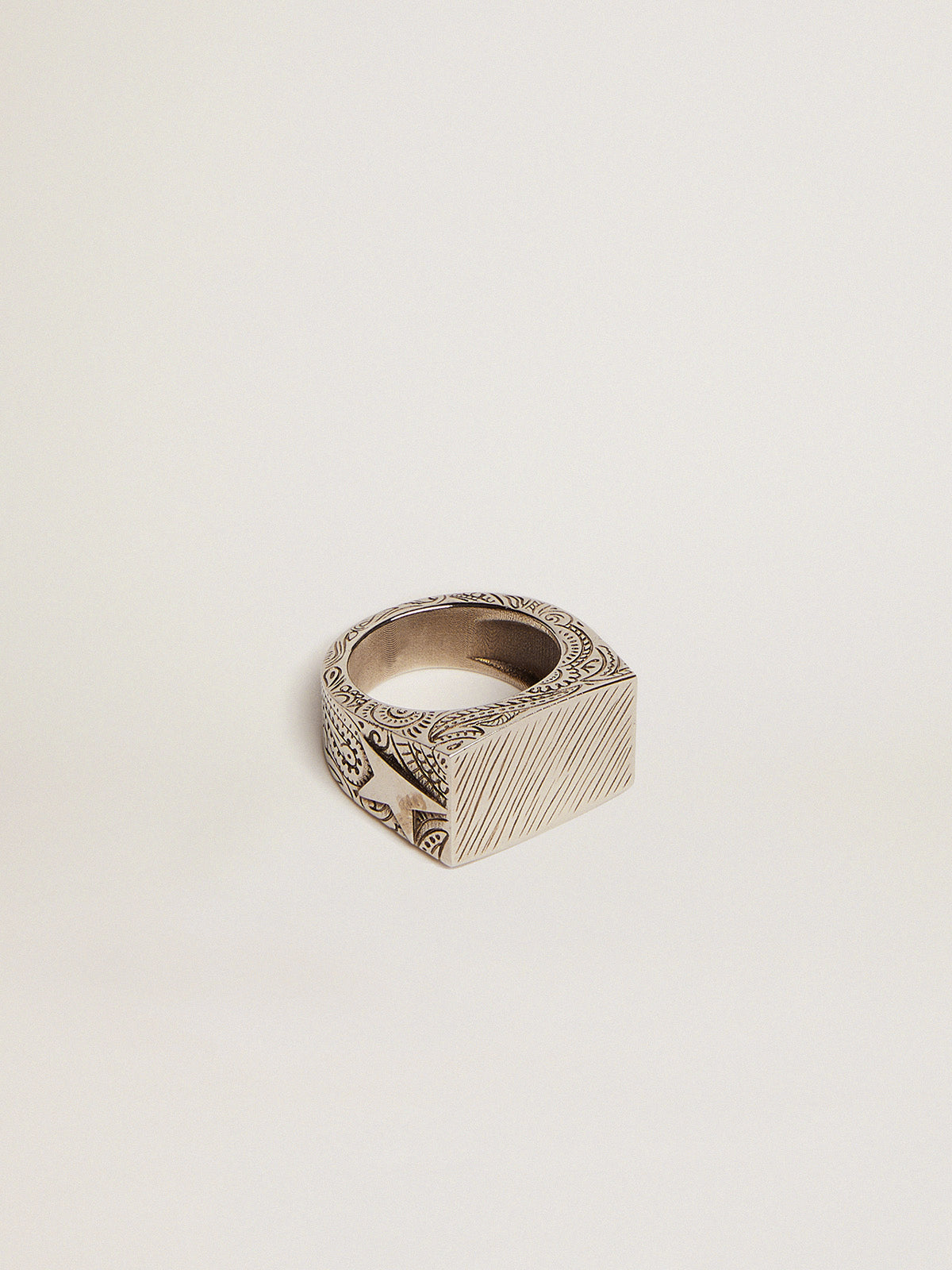 Men's silver color square ring| Golden Goose