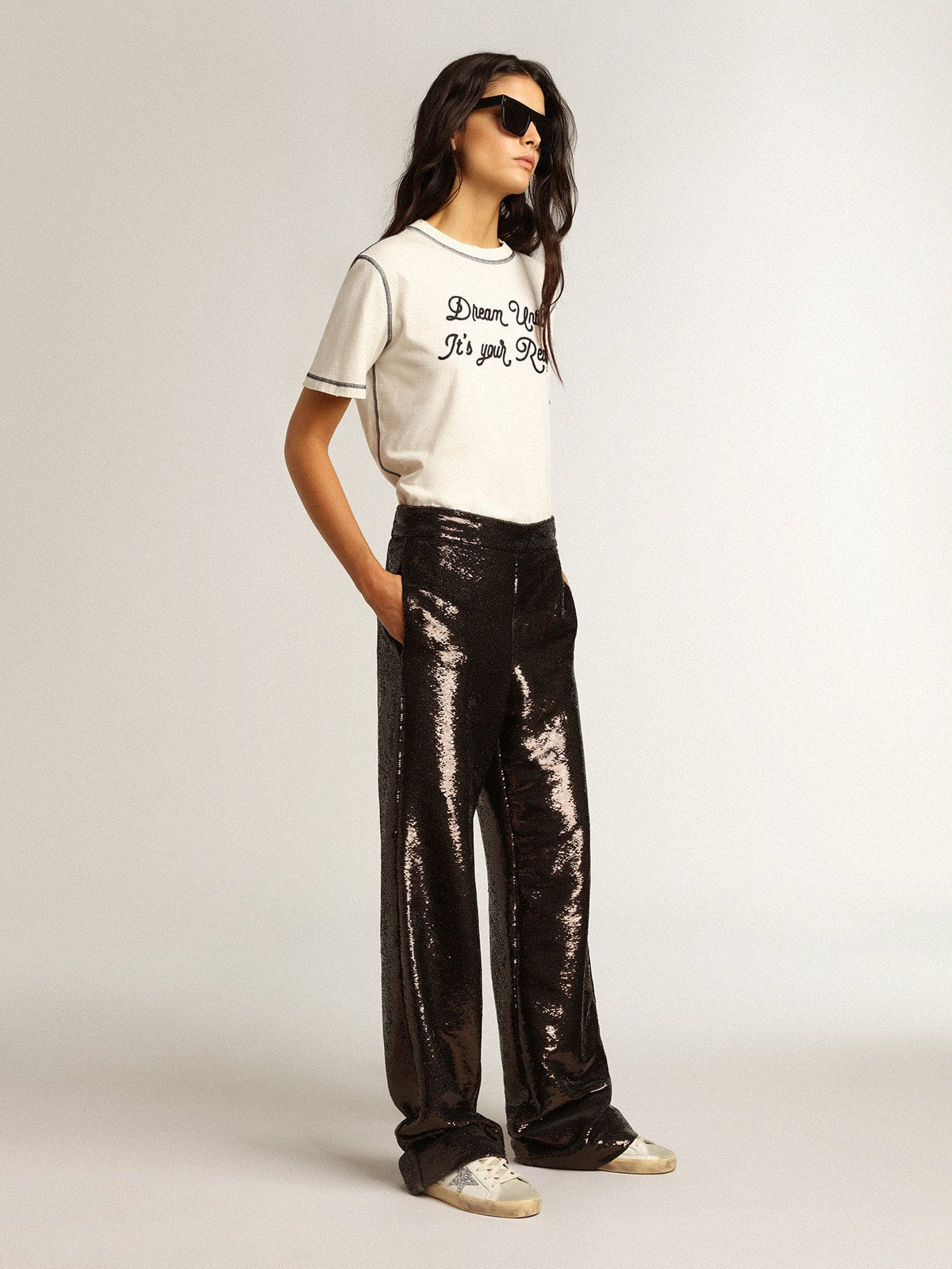 Women's Super-Star with silver star and brown glitter heel tab| Golden Goose