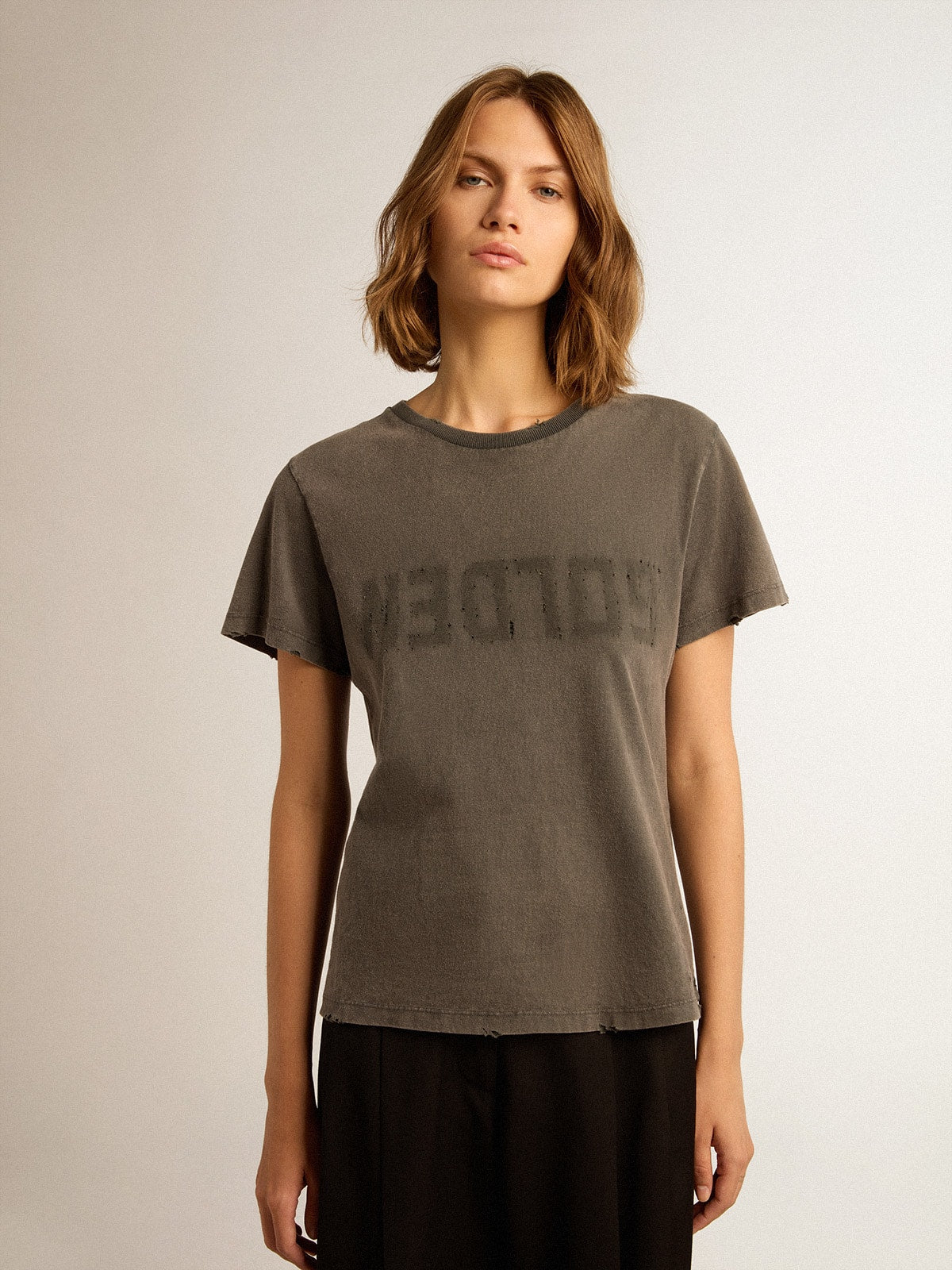 Distressed slim-fit T-shirt in anthracite gray| Golden Goose