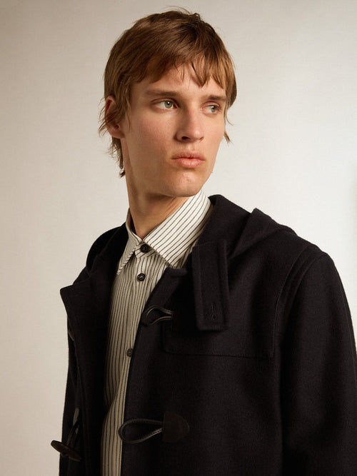 Dark blue wool duffle coat with hood and toggle fastening| Golden Goose