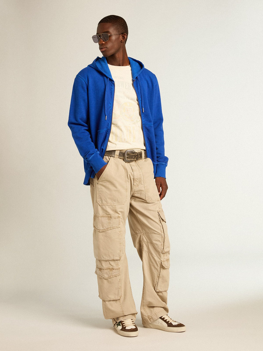 Men's aged white cotton T-shirt with print on the front| Golden Goose