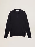 Men's long-sleeved polo shirt in navy-blue merino wool| Golden Goose