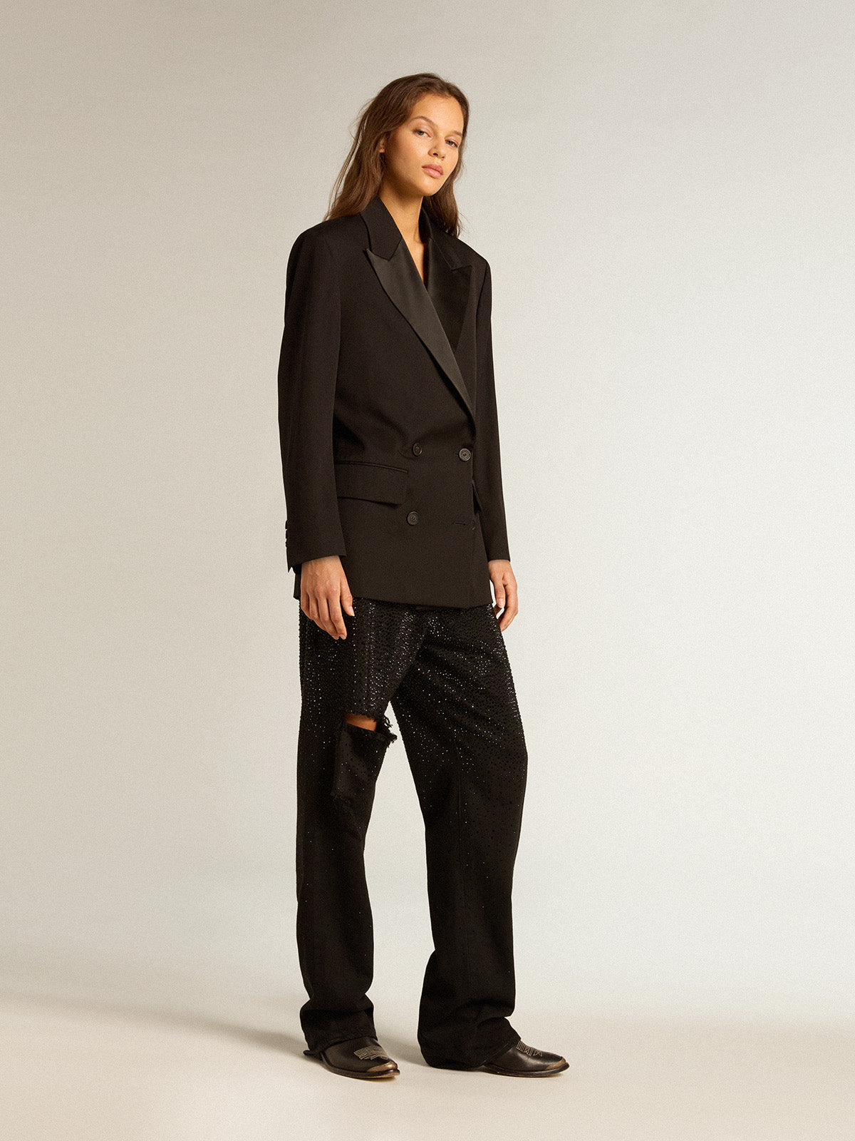 Women's tuxedo jacket in black wool gabardine| Golden Goose