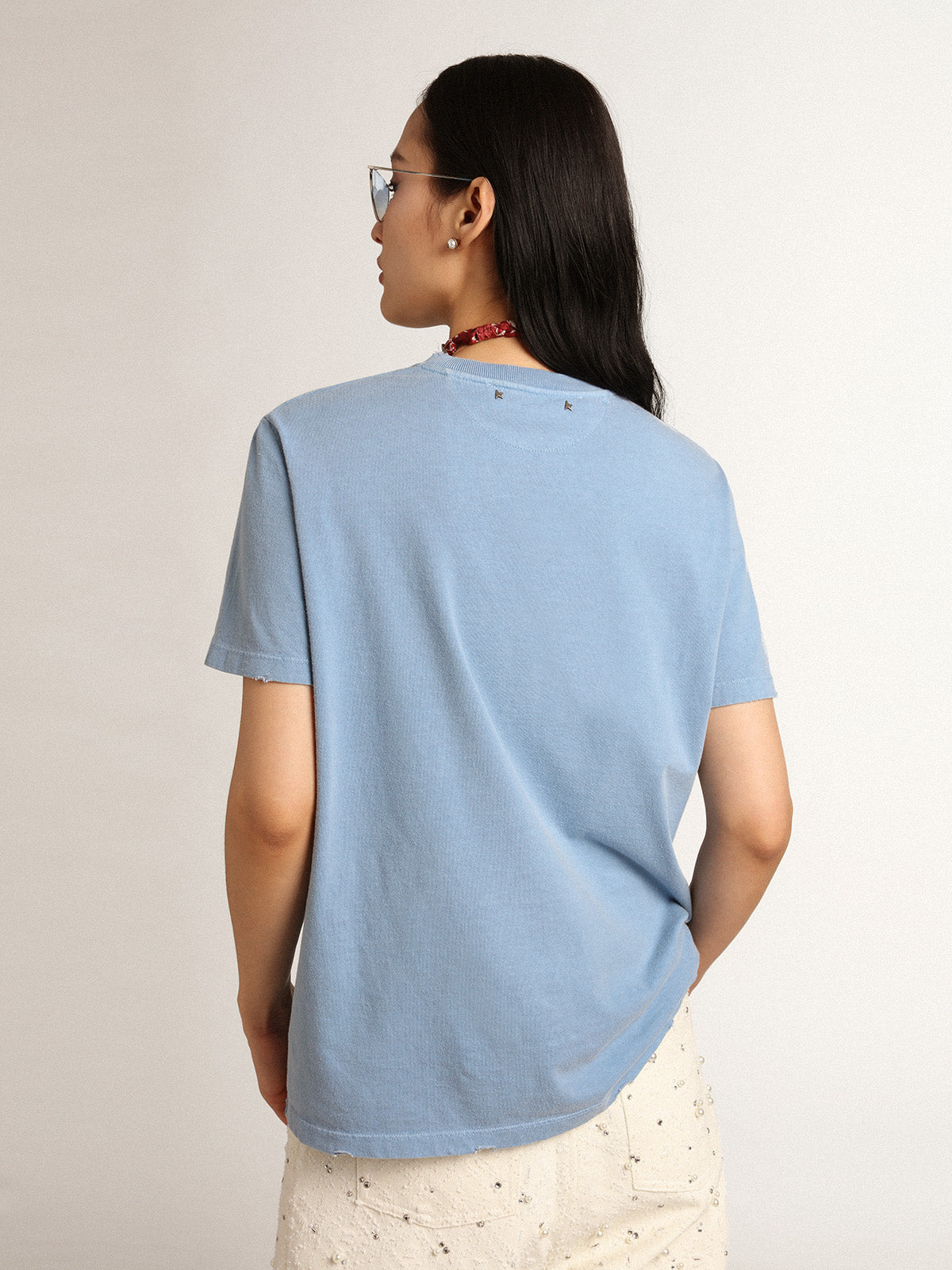 Women's harbor blue T-shirt with tone-on-tone Golden lettering| Golden Goose