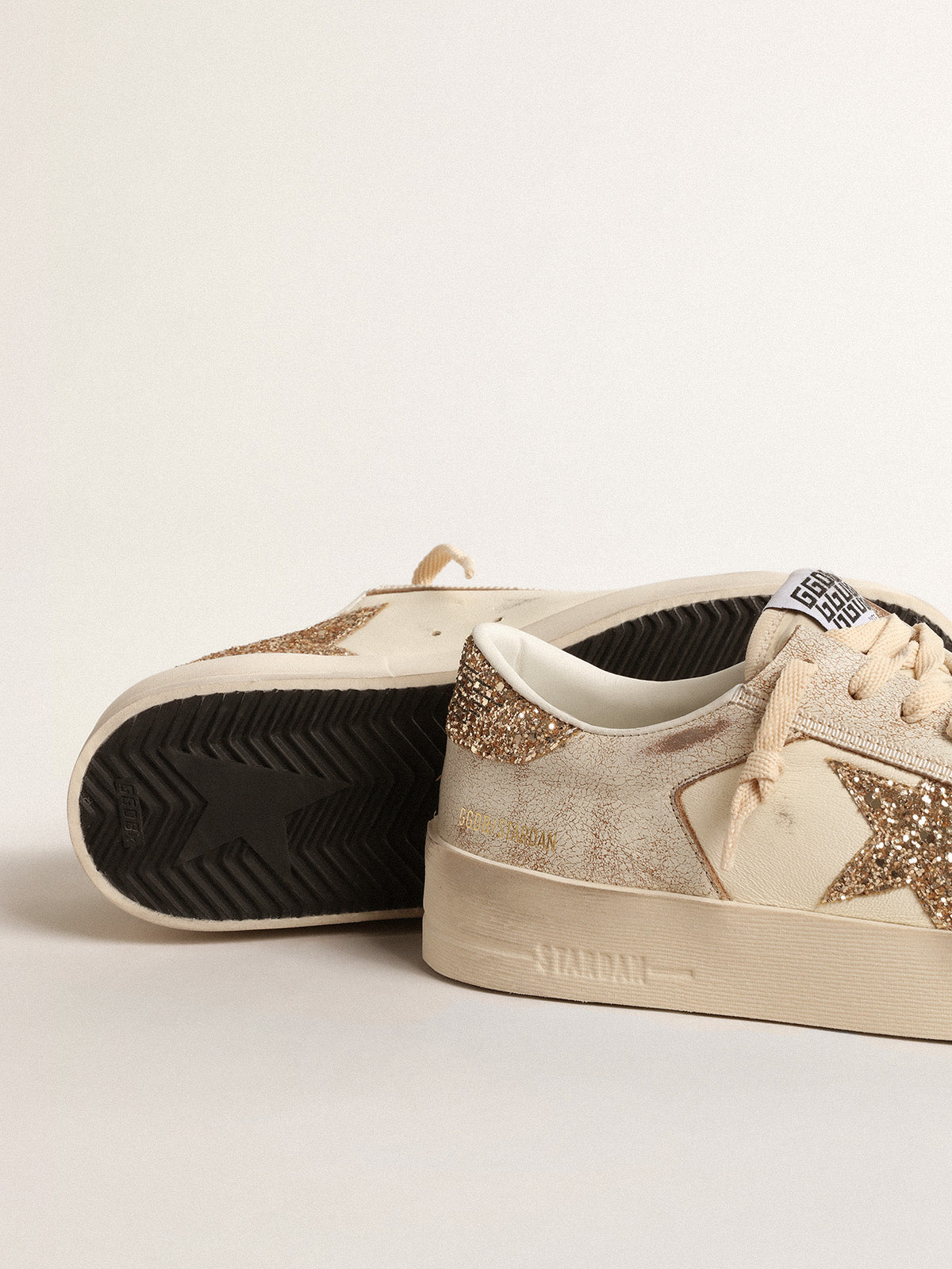 Stardan in ecru nappa leather with gold glitter star and heel tab| Golden Goose