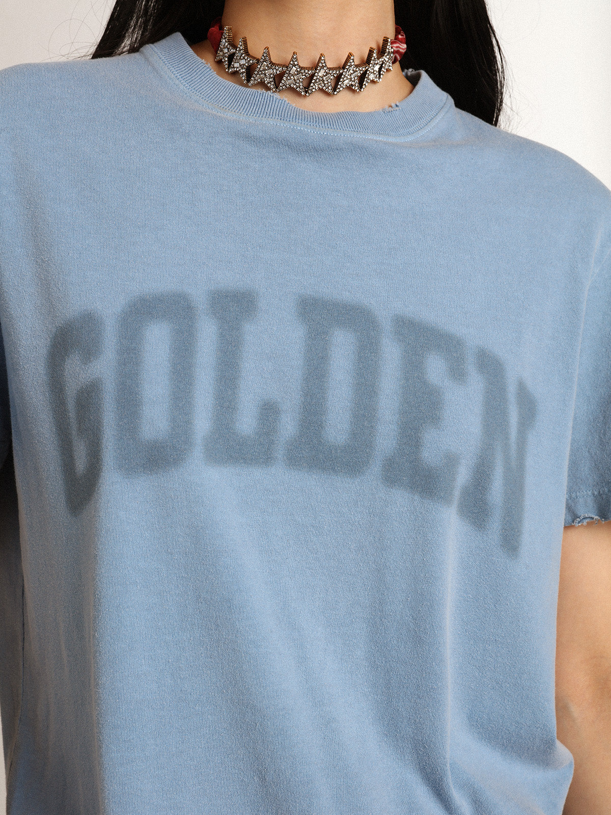 Women's harbor blue T-shirt with tone-on-tone Golden lettering| Golden Goose