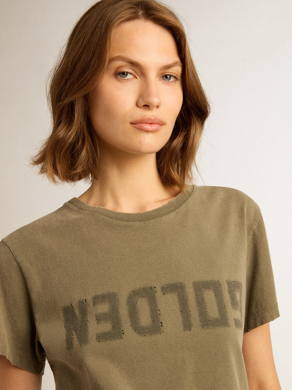 Women's olive green T-shirt with Golden lettering| Golden Goose