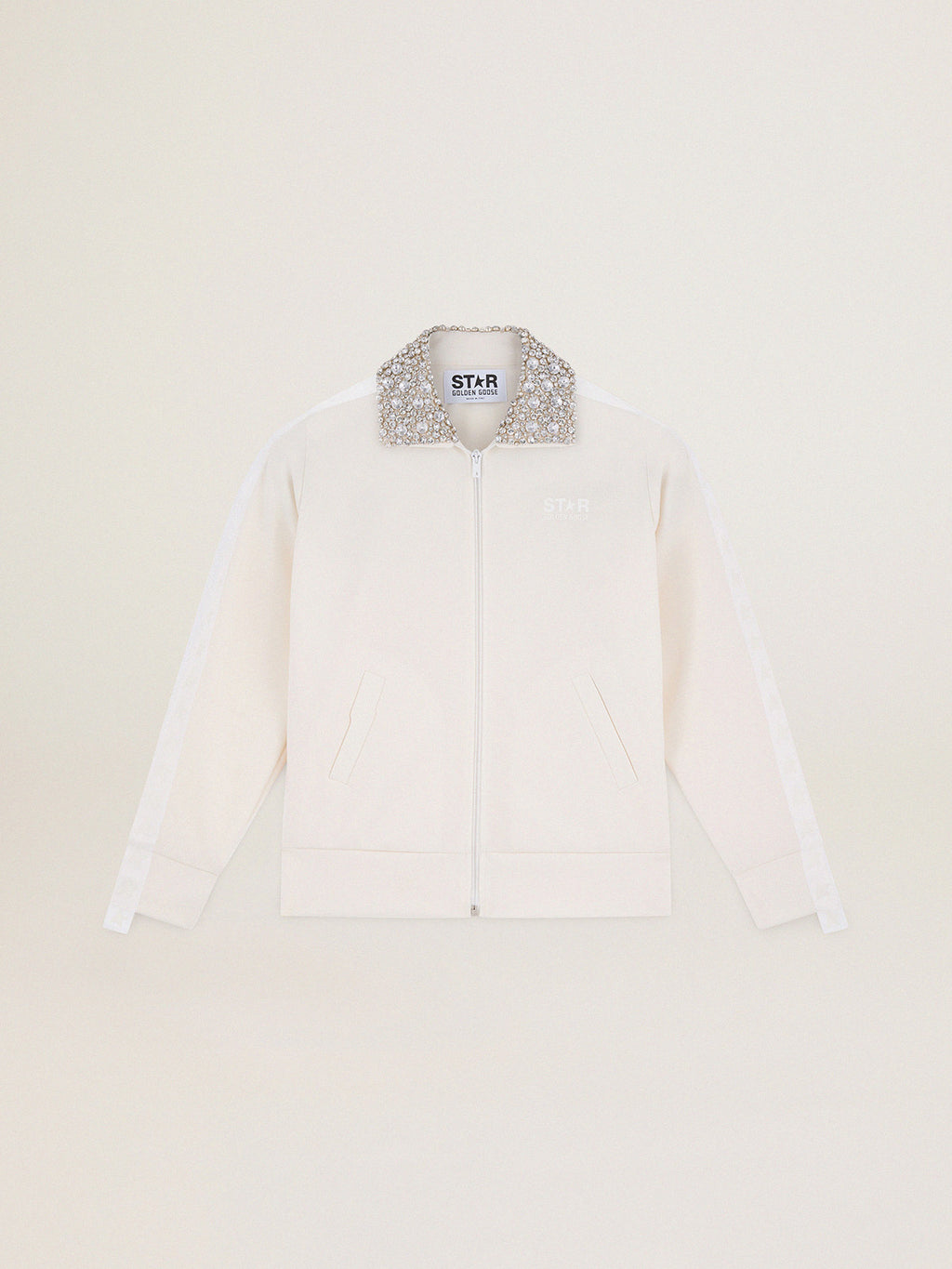 Papyrus white Denise Star Collection zipped sweatshirt with crystal collar| Golden Goose