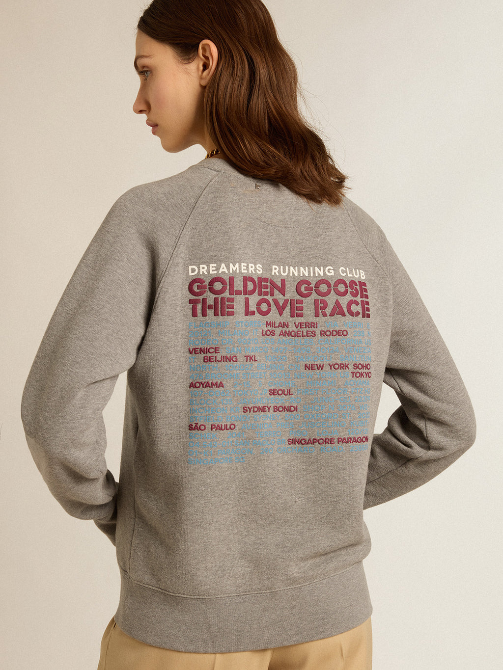 Gray melange cotton sweatshirt with manifesto on the back| Golden Goose