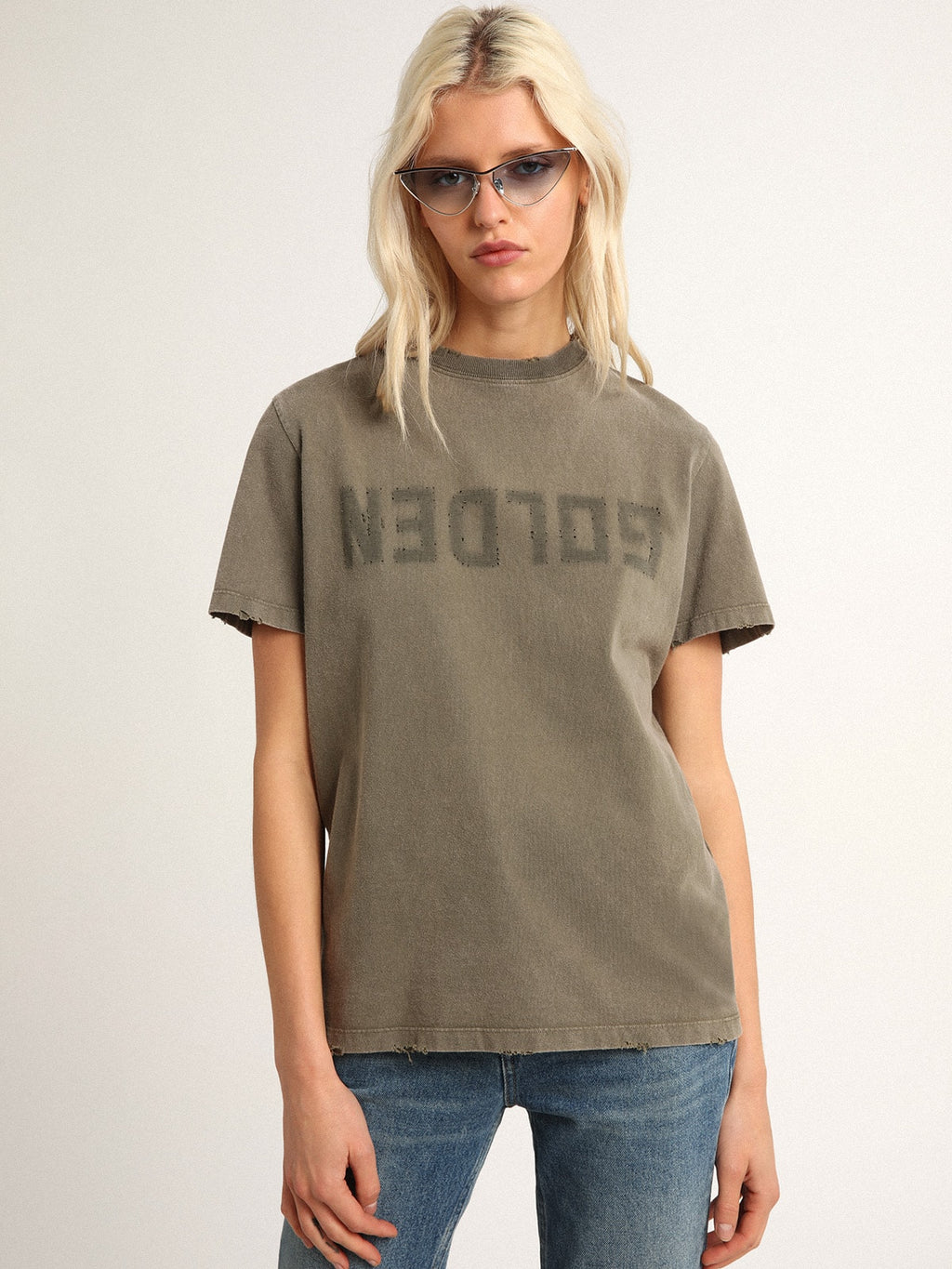 Olive-green regular-fit T-shirt with Golden lettering on the front| Golden Goose