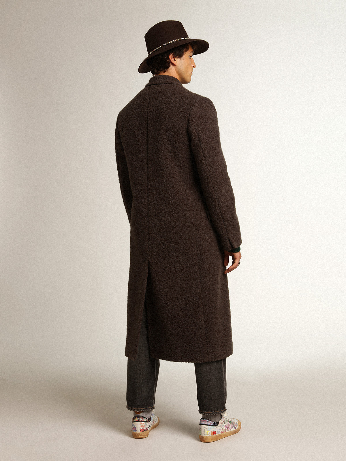 Men's double-breasted coat in licorice-colored bouclé wool| Golden Goose
