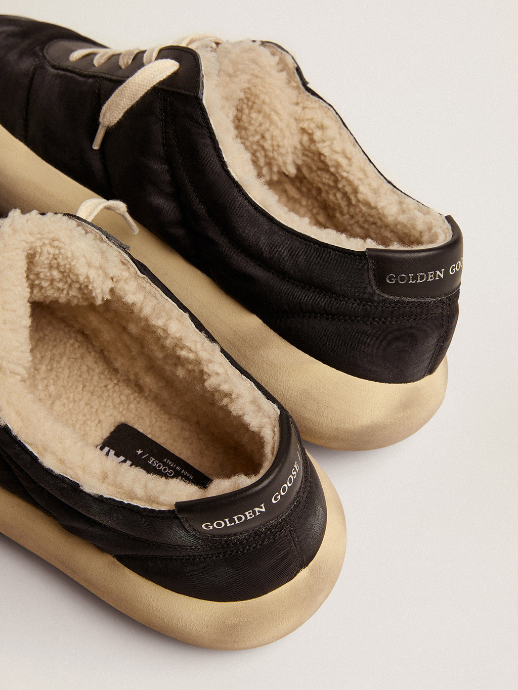 Men's Space-Star shoes in quilted black nylon with shearling lining| Golden Goose