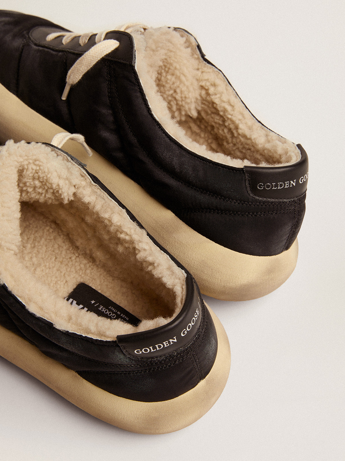 Men's Space-Star shoes in quilted black nylon with shearling lining| Golden Goose