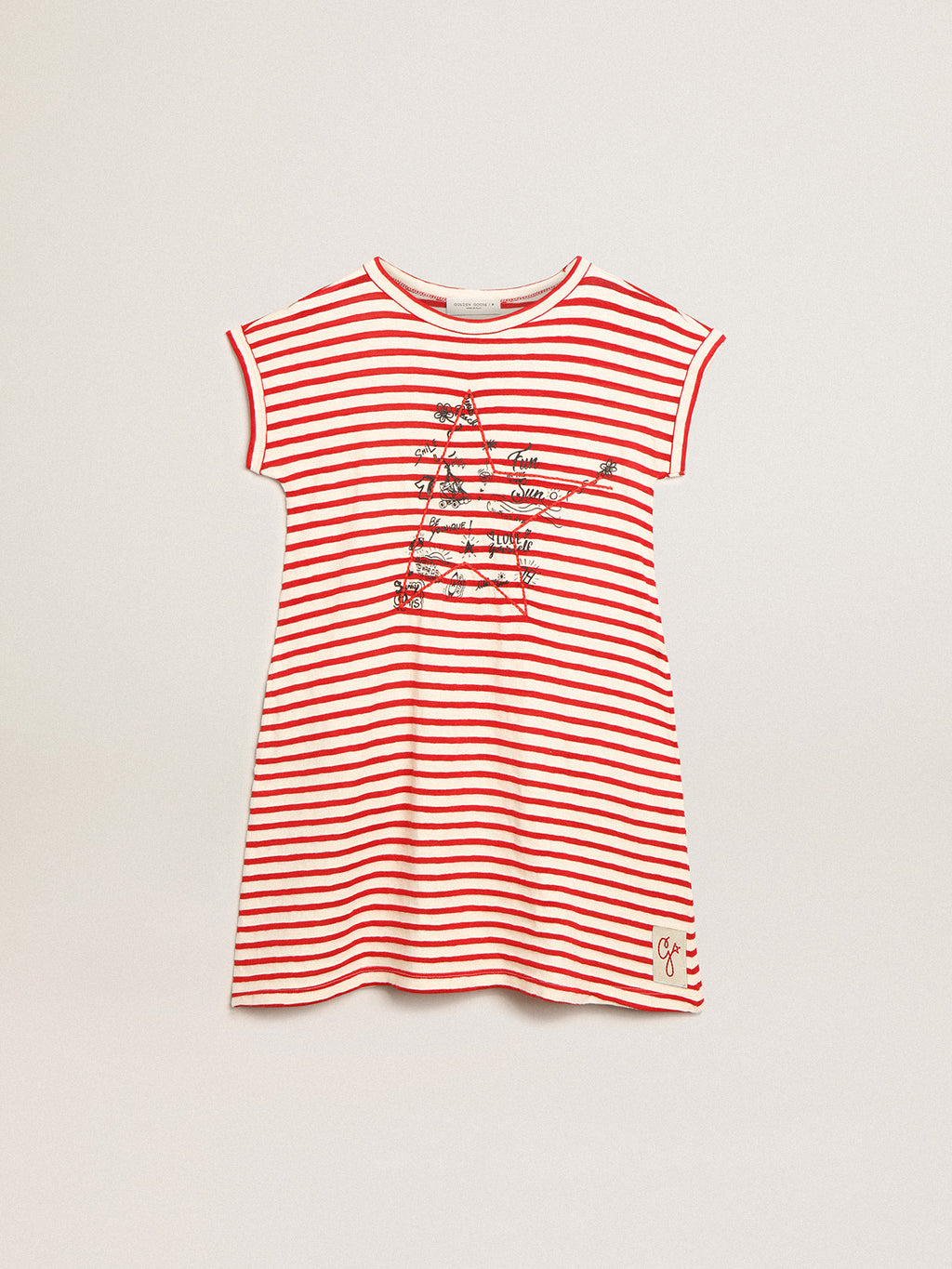 Mini dress with white and red stripes and embroidery on the front| Golden Goose