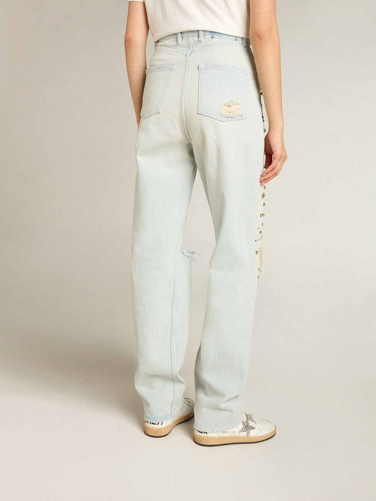 Women's bleached jeans with cabochon crystals| Golden Goose