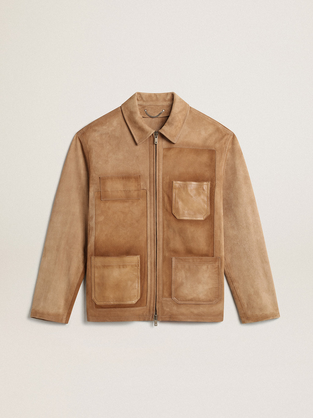 Sand-colored leather jacket with patches and zip fastening| Golden Goose