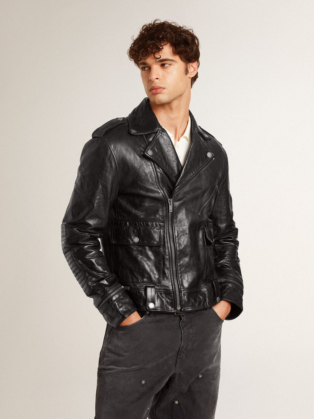 Men's black leather biker jacket with glossy effect| Golden Goose