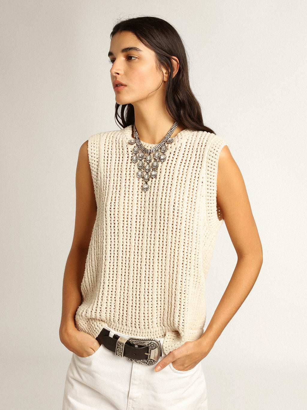 Papyrus-colored knitted sleeveless top| Golden Goose