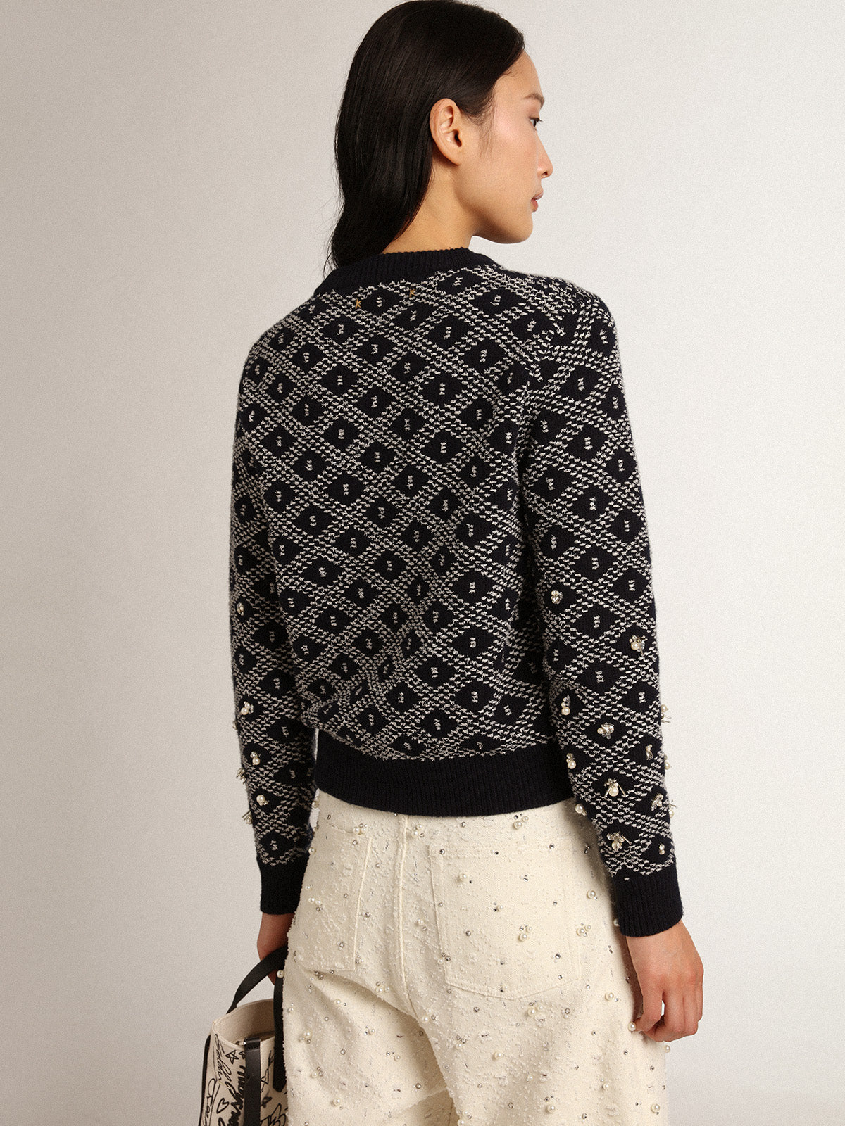 Women's round-neck sweater with white and blue geometric motifs| Golden Goose