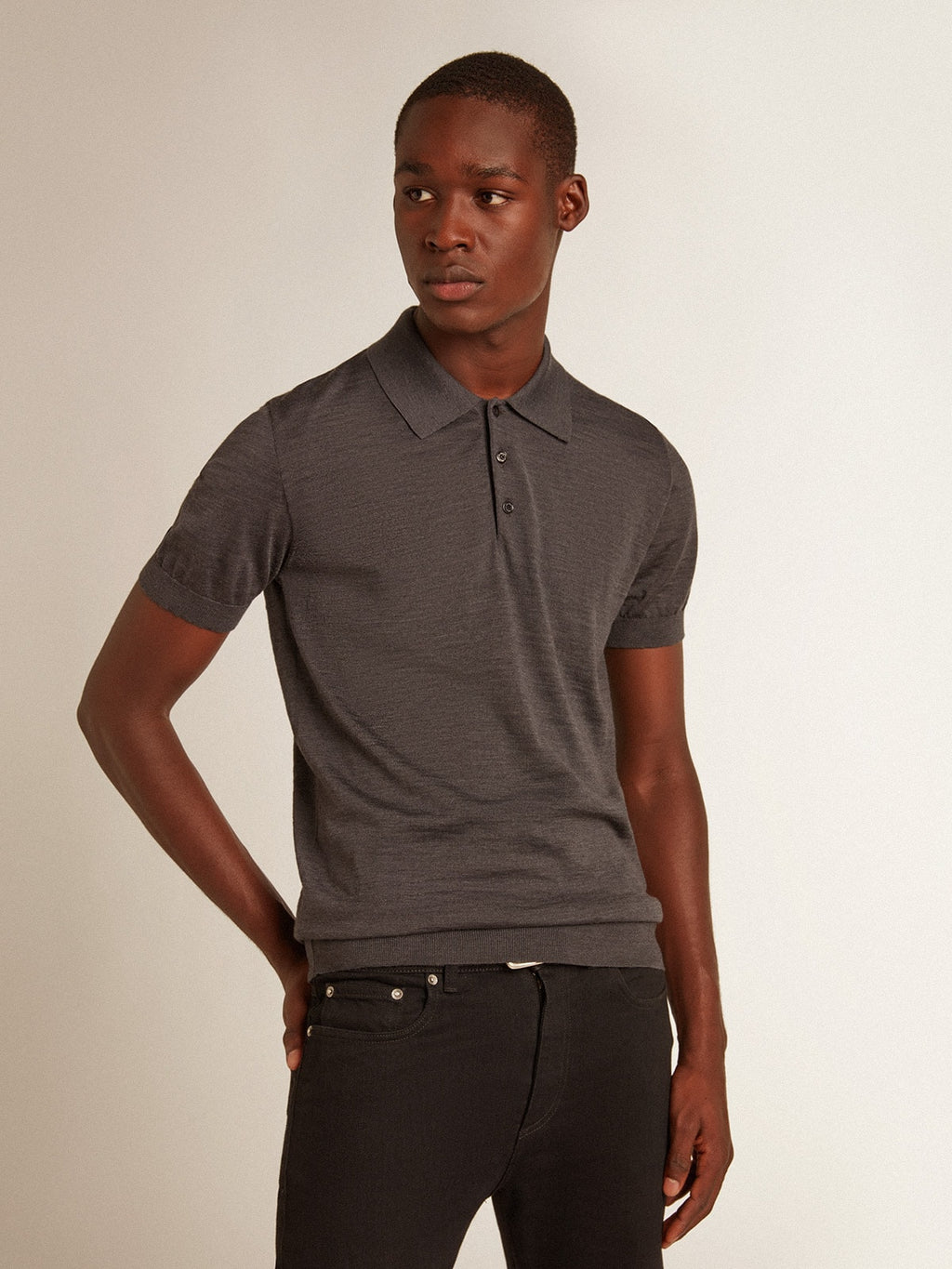 Men's short-sleeved polo shirt in gray merino wool| Golden Goose