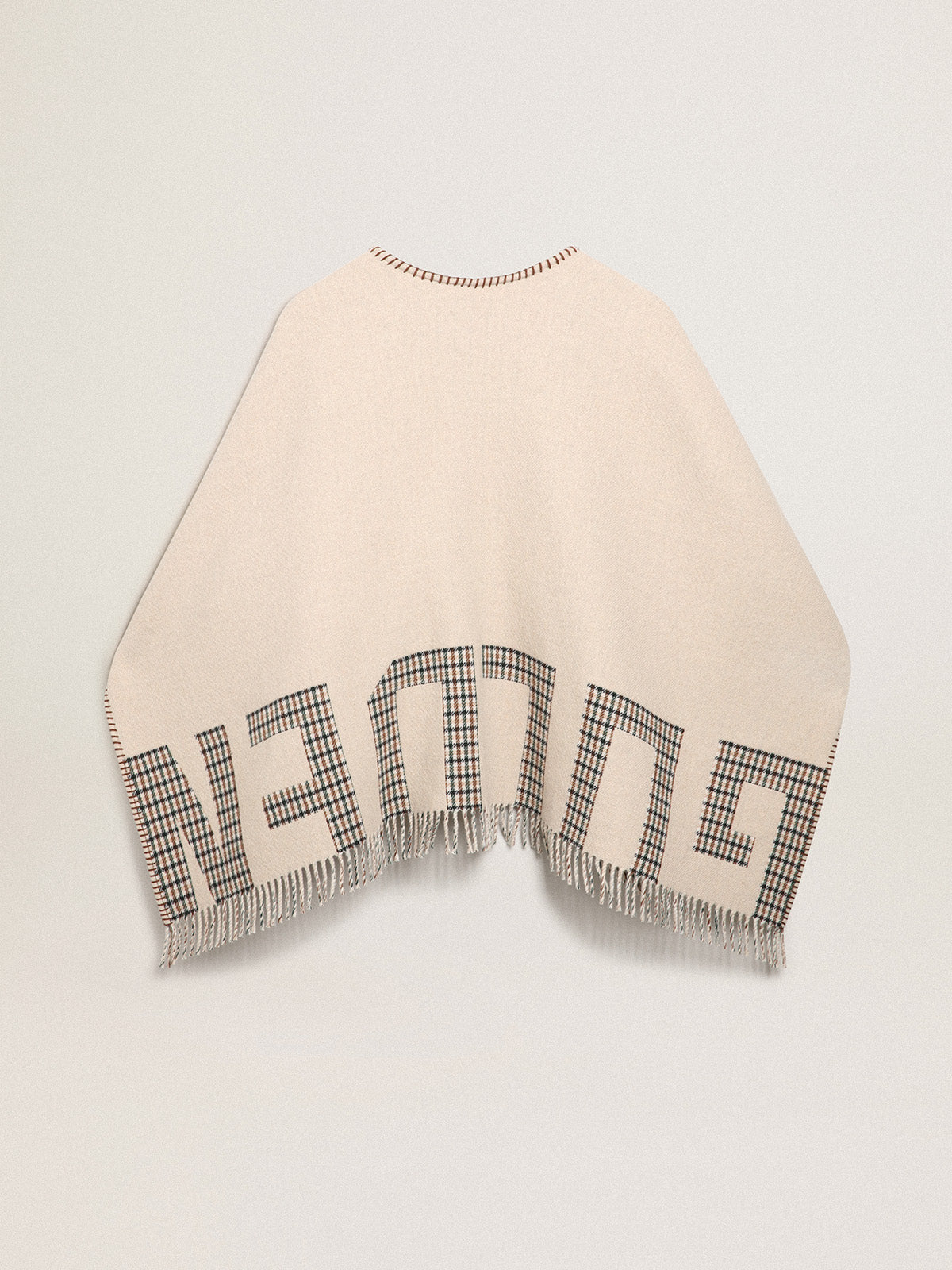 Poncho in double face cream-colored wool with check pattern and lettering| Golden Goose