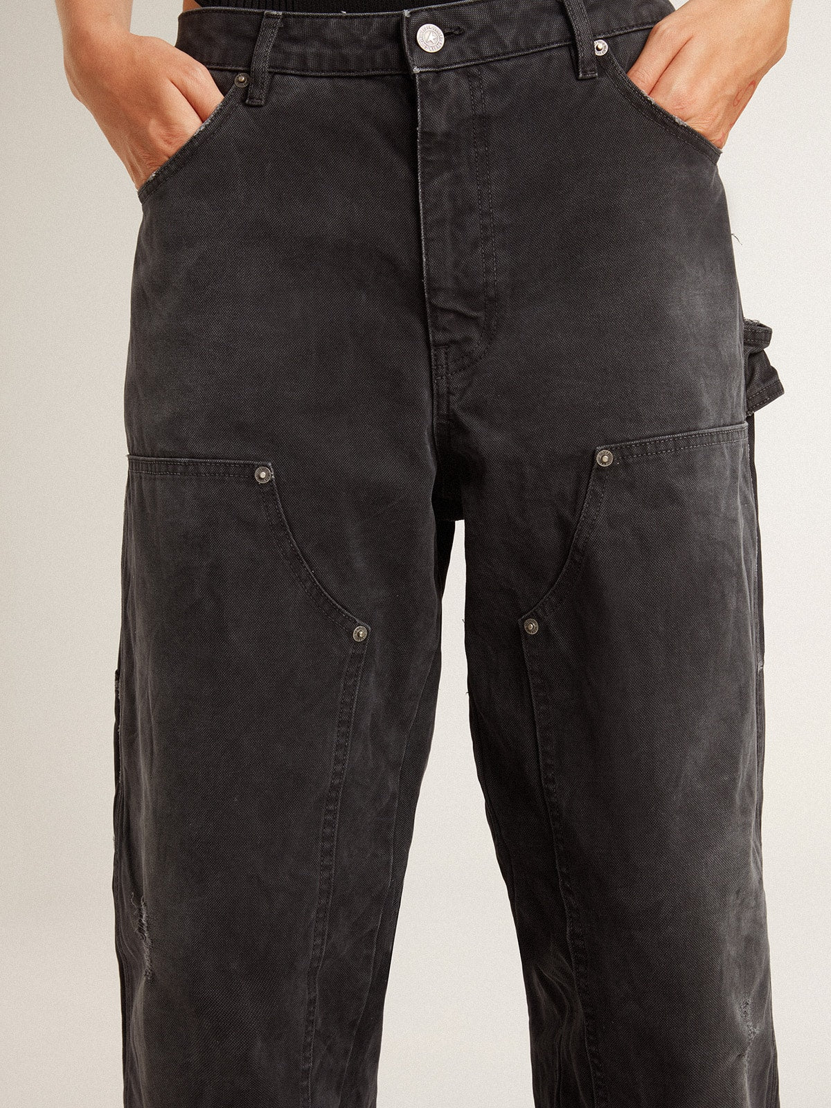 Women's distressed black cotton jeans with front patches| Golden Goose