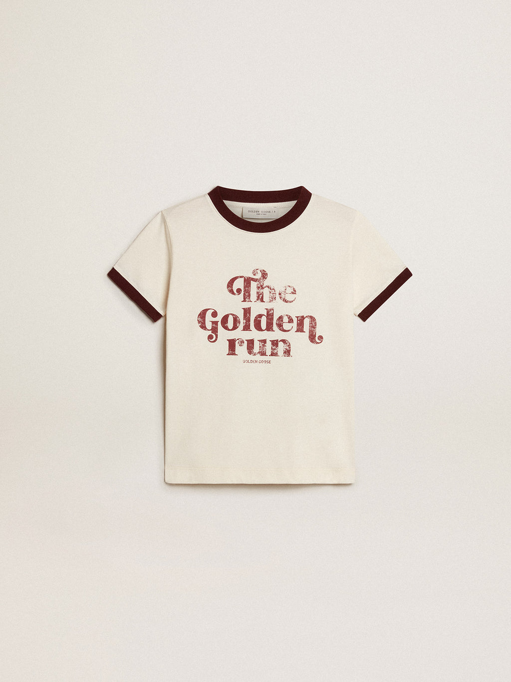 Boys' white cotton T-shirt with faded print at the center| Golden Goose
