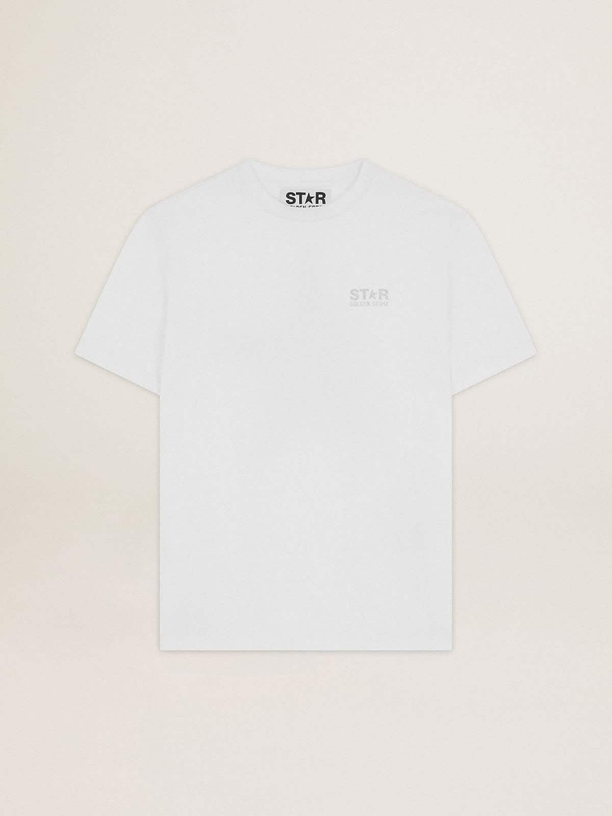 Women's white T-shirt with silver glitter logo and star| Golden Goose