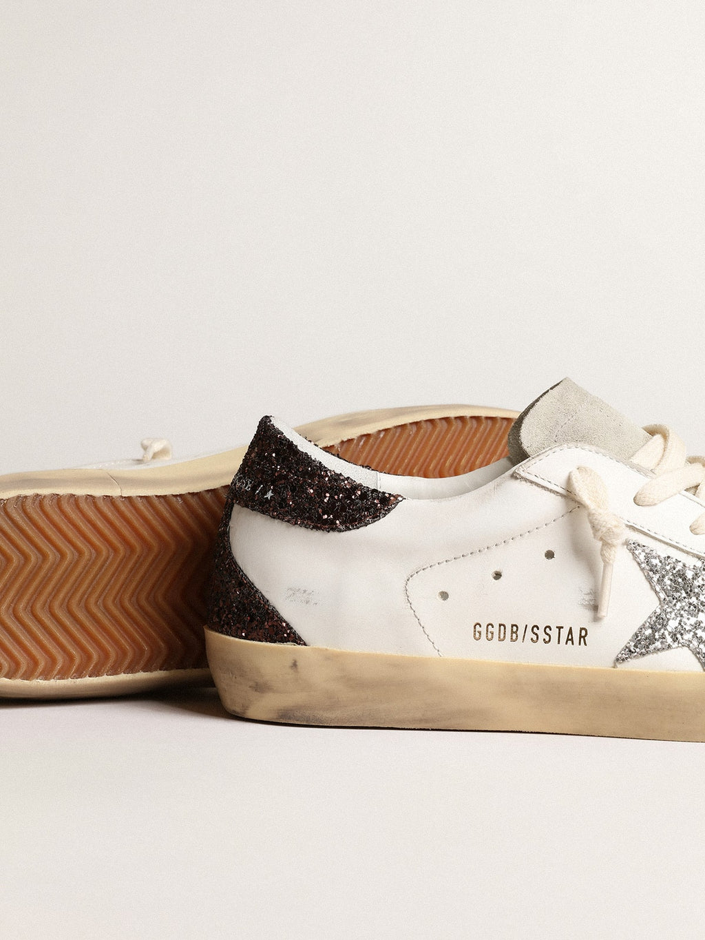 Women's Super-Star with silver star and brown glitter heel tab| Golden Goose
