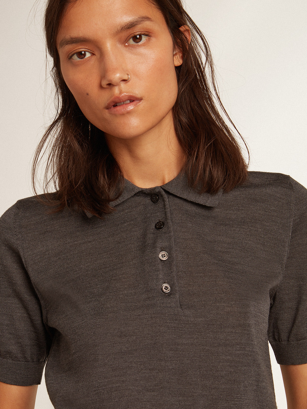 Women's polo shirt in anthracite merino wool| Golden Goose