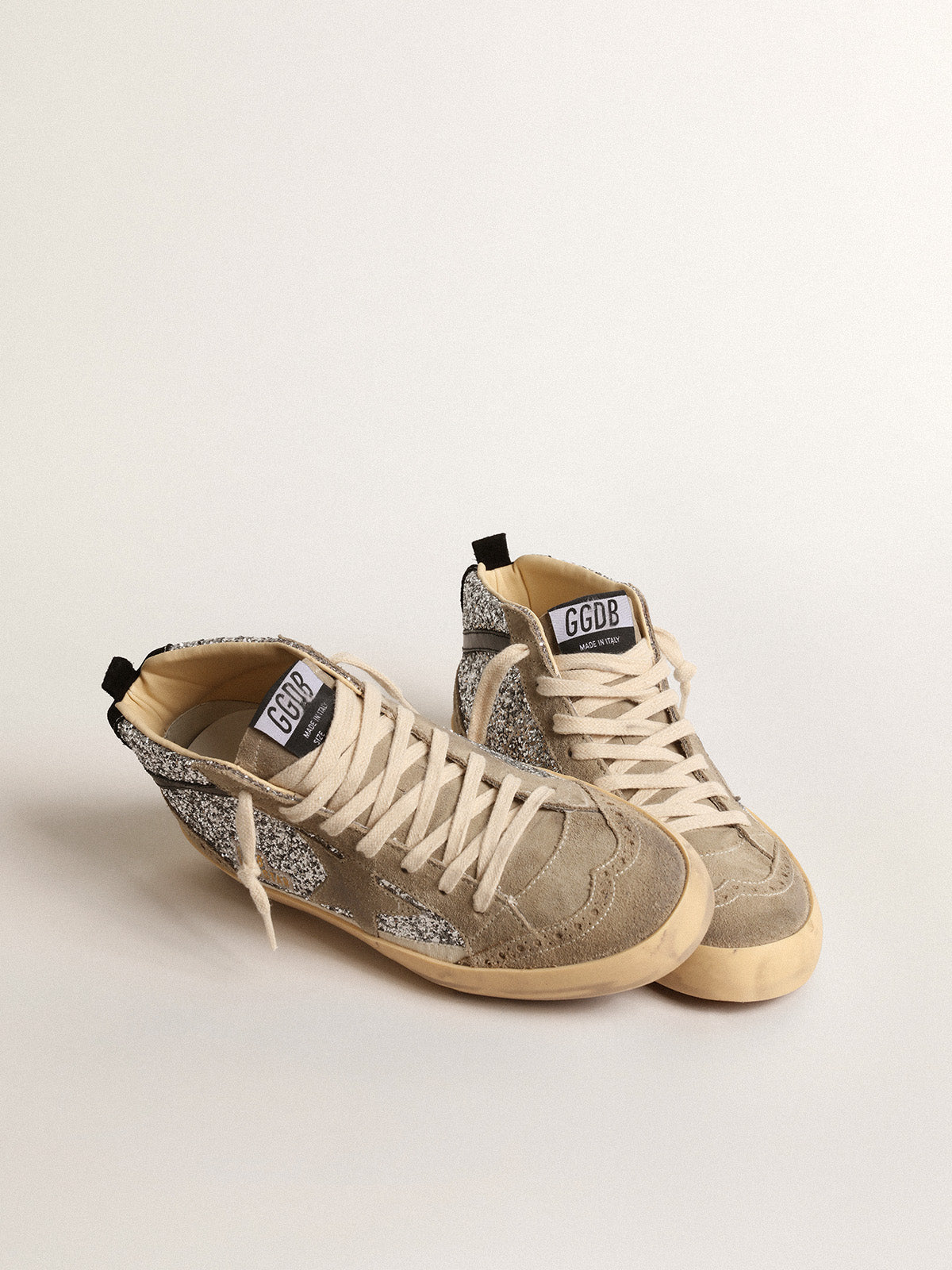 Mid Star in silver glitter with suede star and black flash| Golden Goose