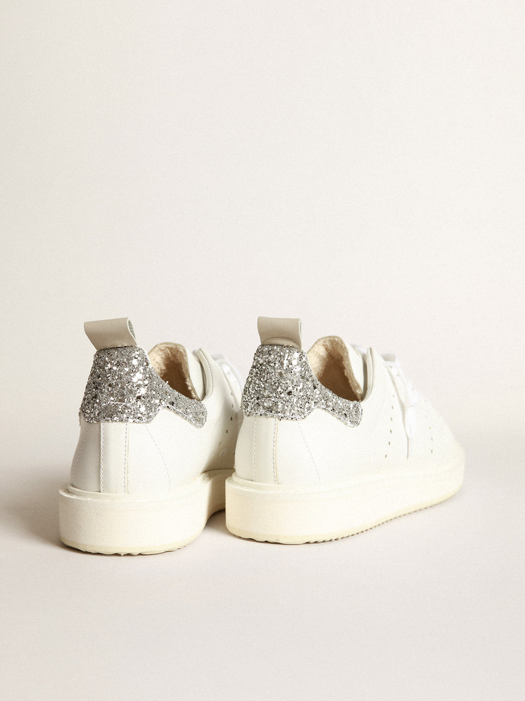 Starter sneakers in white leather with silver glitter heel tab| Golden Goose