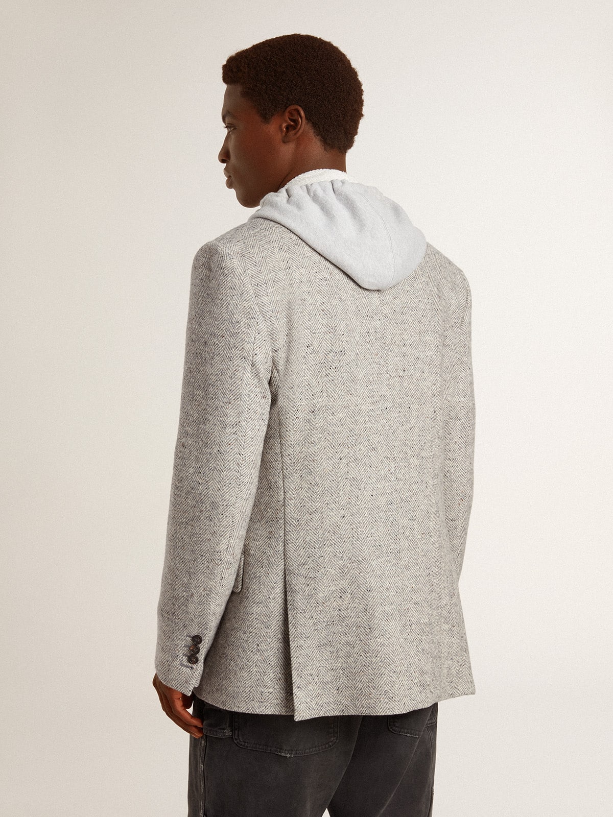 Men's double-breasted jacket in gray silk and chevron wool| Golden Goose