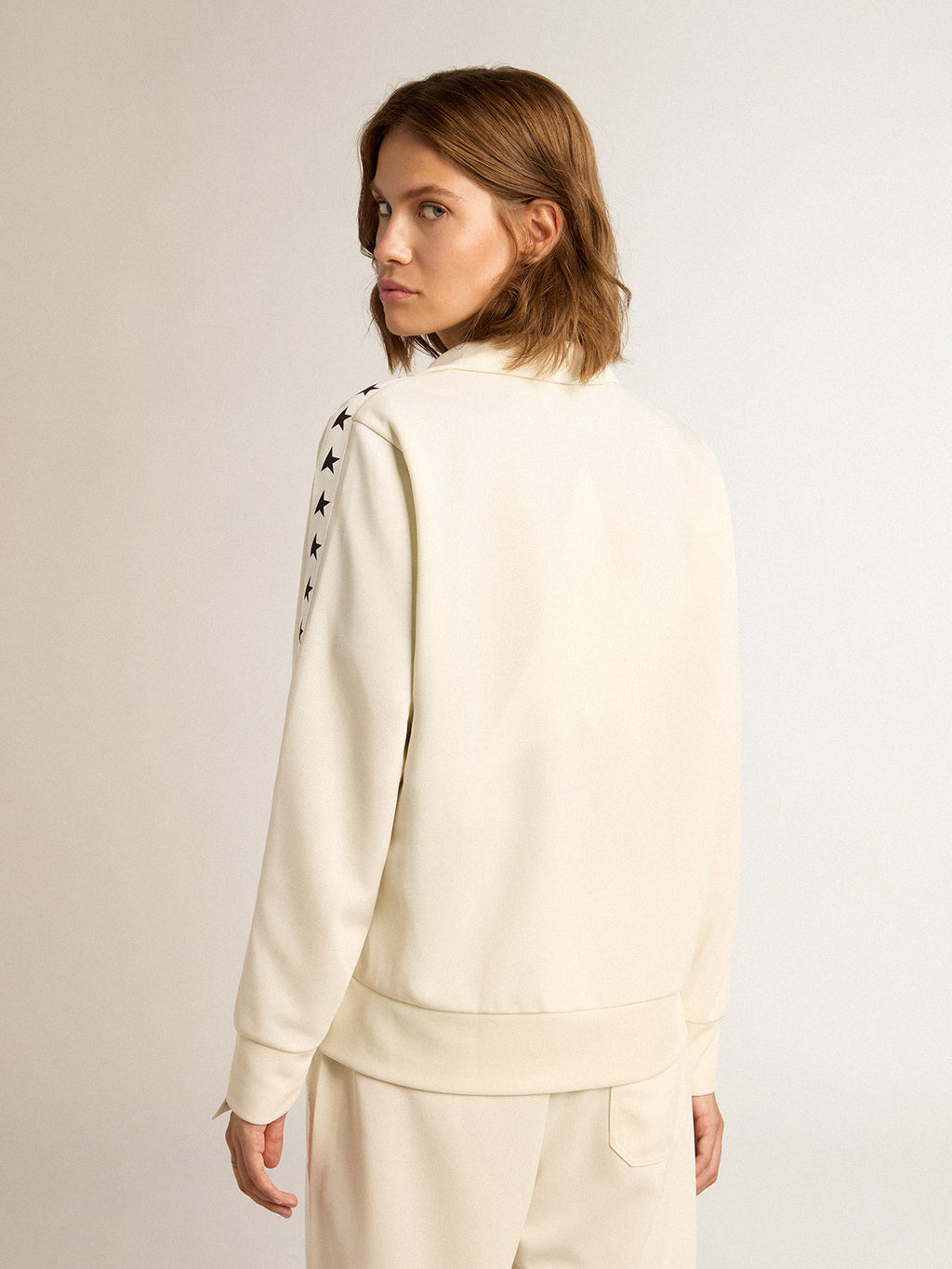 Women's white zipped sweatshirt with white strip and black stars| Golden Goose