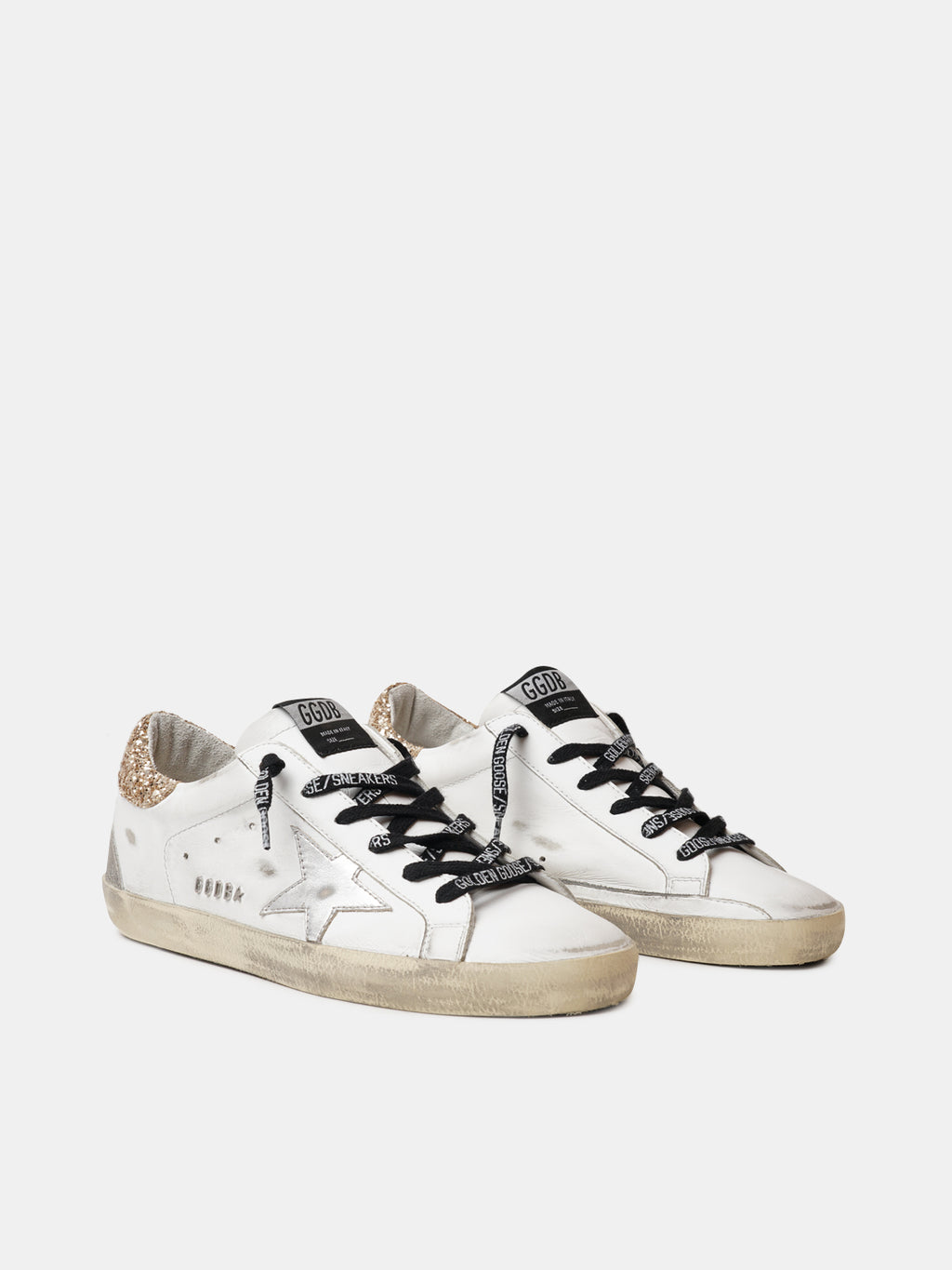 White leather Super-Star sneakers with glittery heel tab| Golden Goose