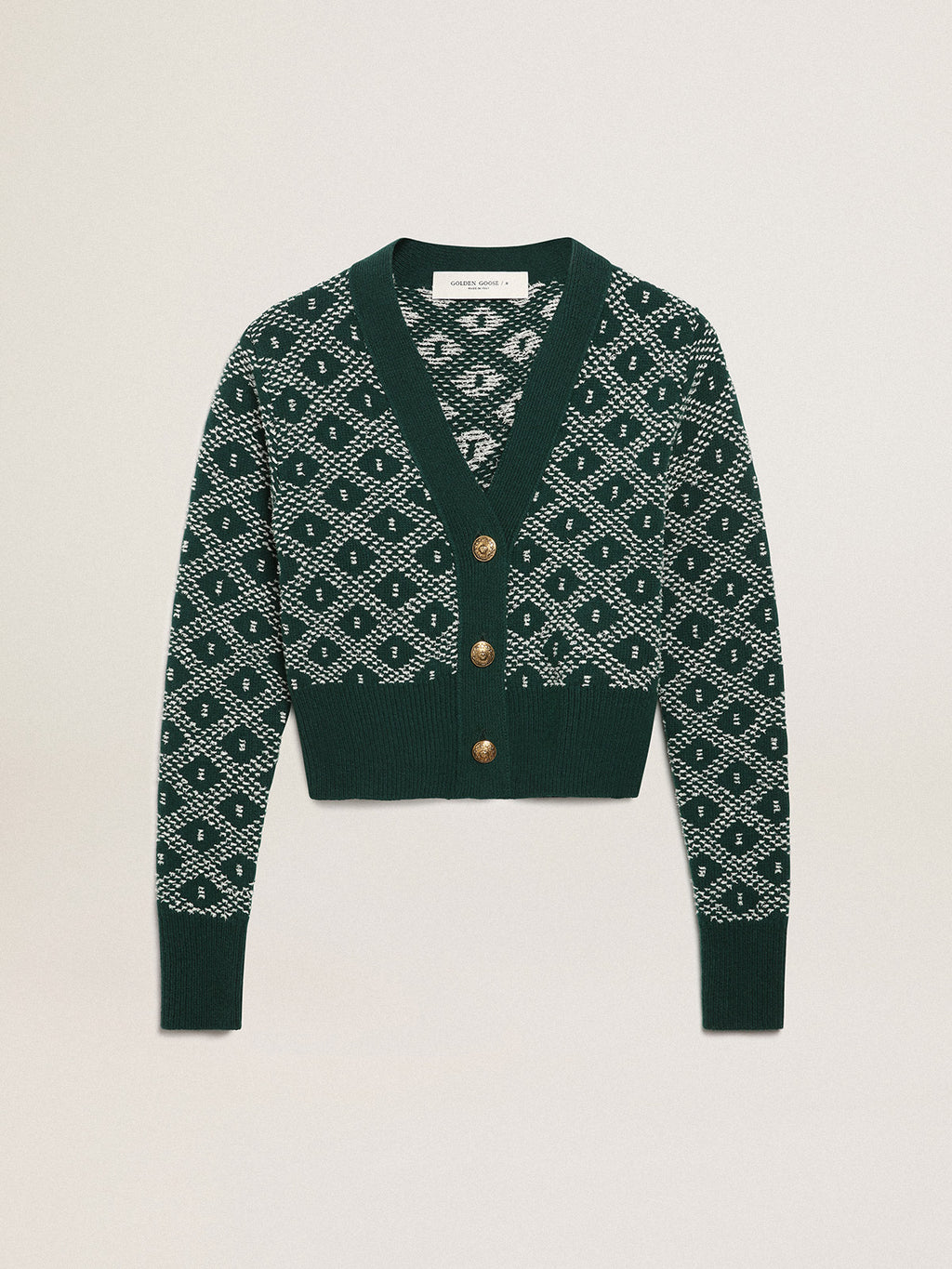Women's cropped cardigan with green and white jacquard diamond pattern| Golden Goose