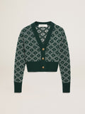 Women's cropped cardigan with green and white jacquard diamond pattern| Golden Goose