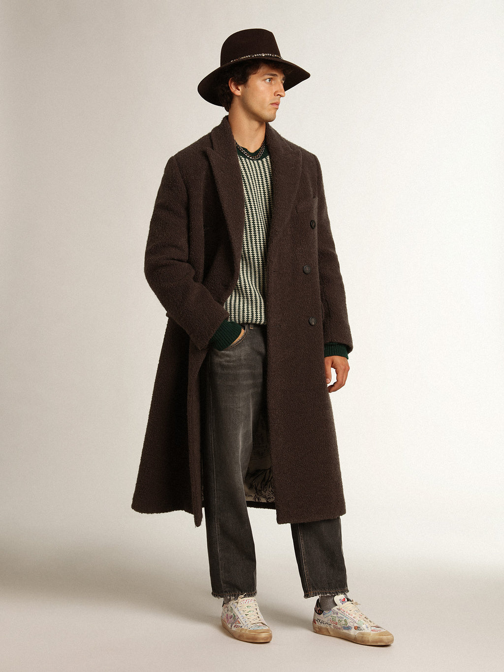 Men's round-neck sweater in two-tone white and green wool| Golden Goose