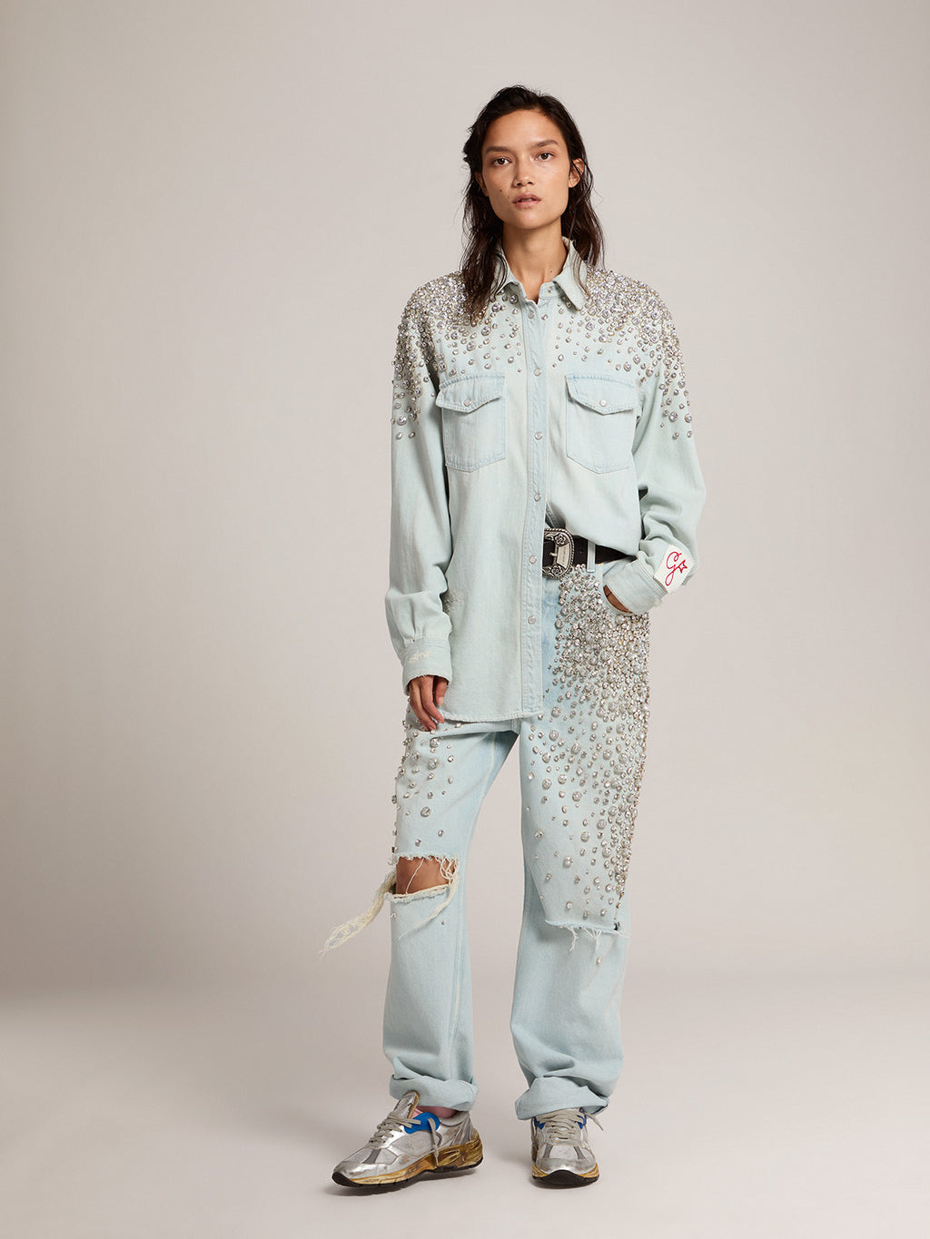 Women's bleached boyfriend shirt with cabochon crystals| Golden Goose