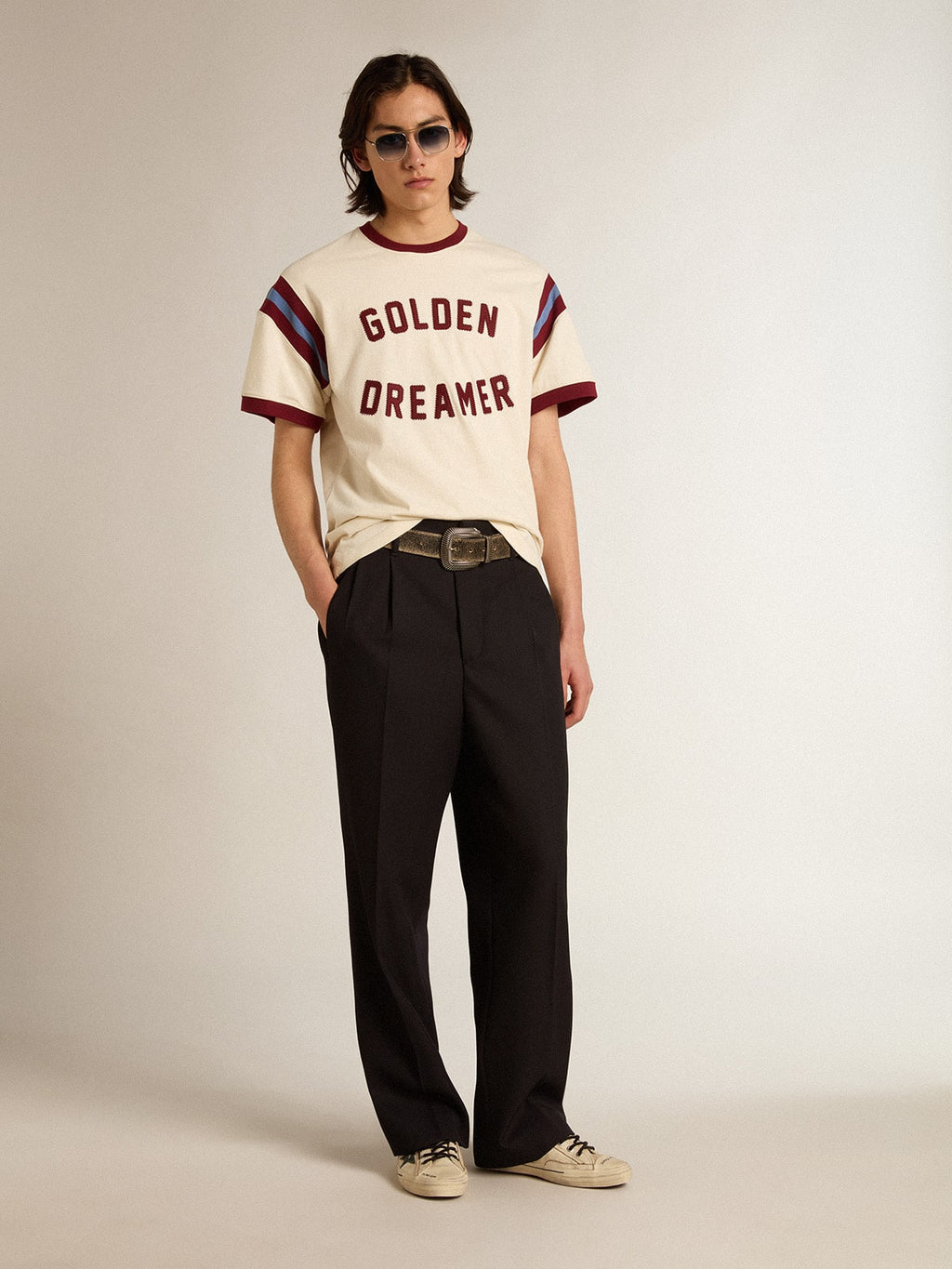 Men's white T-shirt with burgundy lettering on the front| Golden Goose