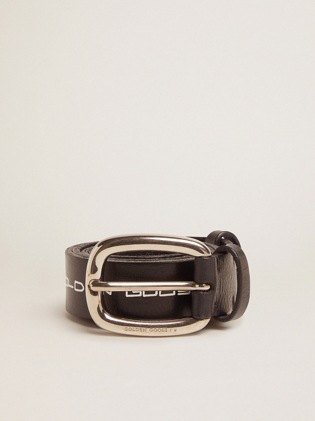 Houston belt in black leather with contrasting handwritten lettering| Golden Goose