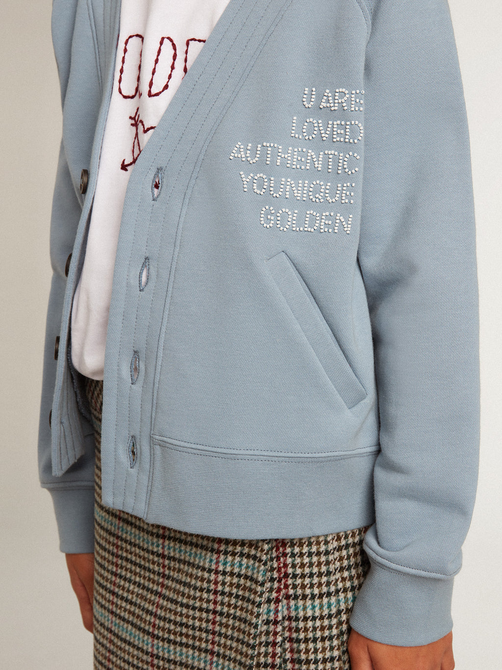 Girls' light blue cotton cardigan with beaded lettering| Golden Goose