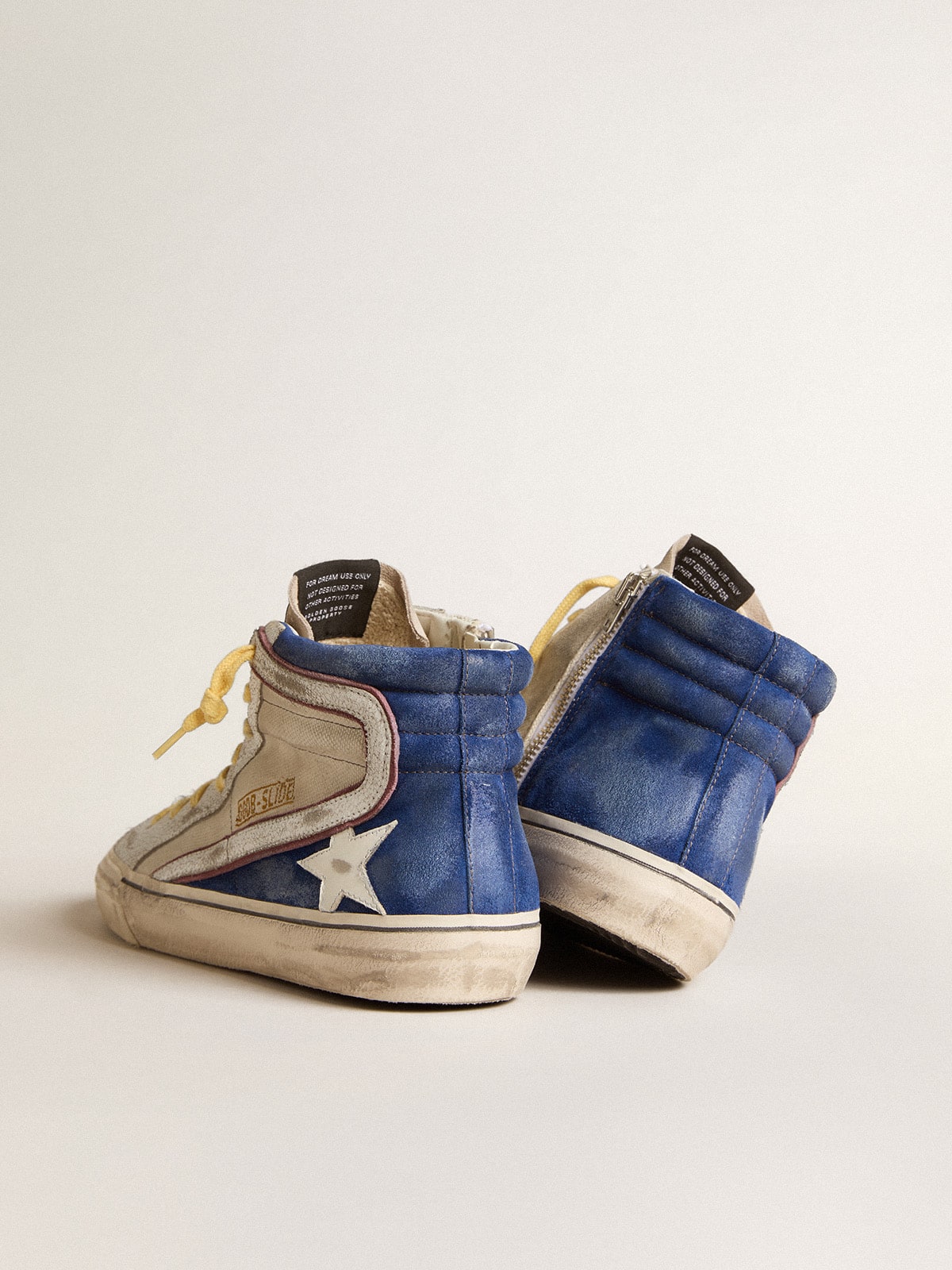 Slide in pearl canvas and blue suede with white leather star and flash| Golden Goose