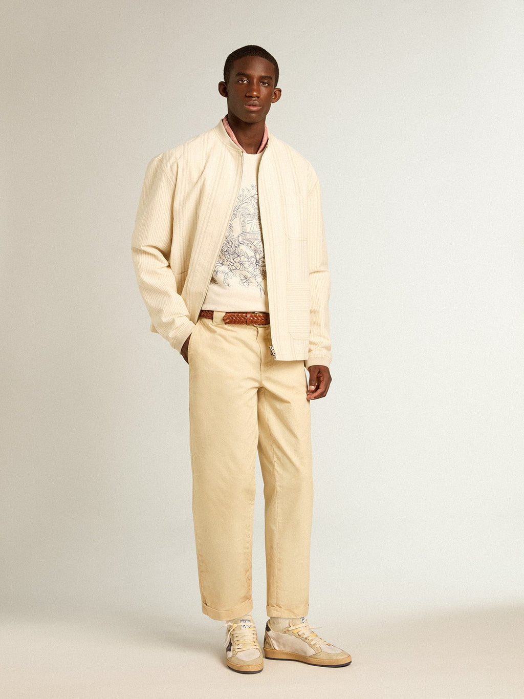 Men's aged white cotton sweatshirt with embroidery on the front