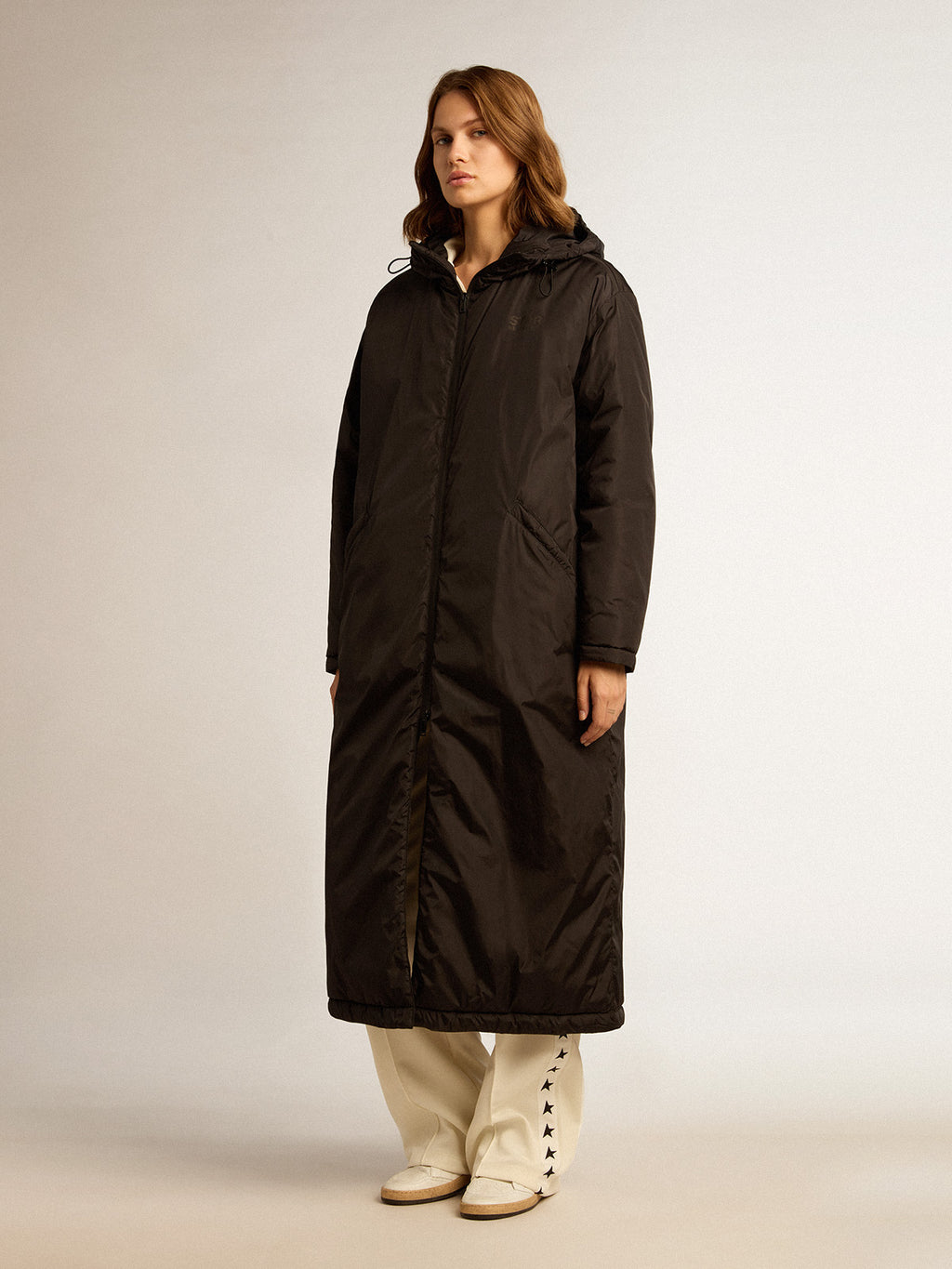 Women's black ankle-length padded jacket with hood| Golden Goose