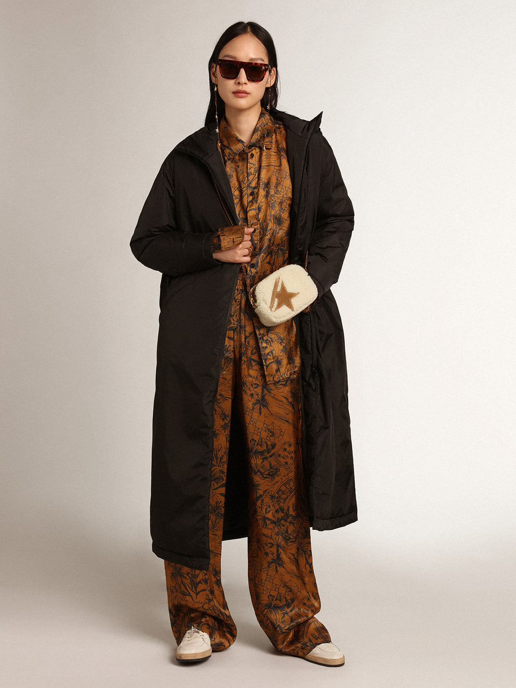 Women's golden brown boyfriend shirt with notebook print| Golden Goose