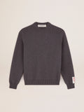 Women's round-neck sweater in dark gray cotton with logo on the back| Golden Goose
