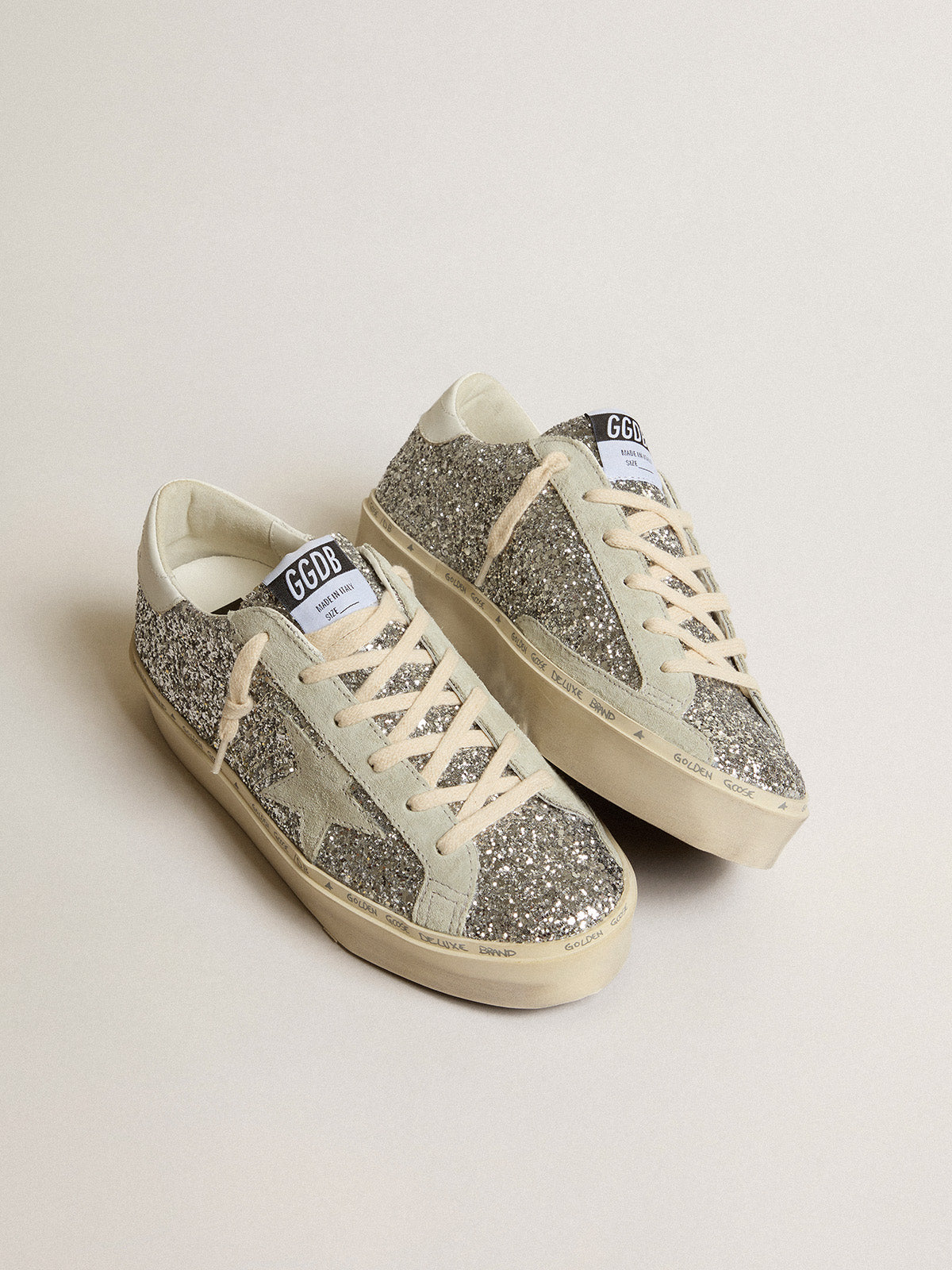 Hi Star in silver glitter with suede star and white heel tab| Golden Goose